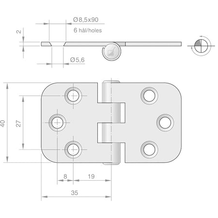 Billede af Roca hængsel 70x40mm i omvendt position, detalje af materialet AISI304.