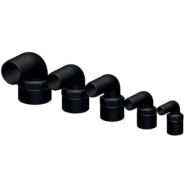 Trudesign 90° slangestuds i sort plast med indvendigt gevind set fra siden