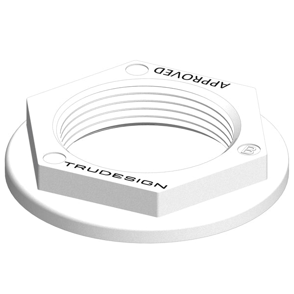 Trudesign møtrik 1 1/2" i hvid plast til skroggennemføring, set forfra