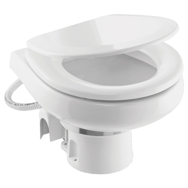 Dometic toilet i båd, sidevisning med kontrolknap og vandtilslutning.