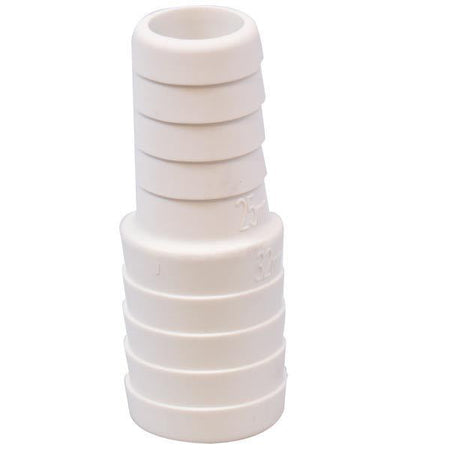 Trudesign slangeadapter 25-19mm i hvid farve, set fra siden
