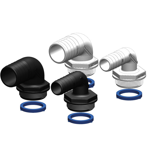 Trudesign Aquavalve slangestuds hvid 90°, set fra siden med fittings detalje