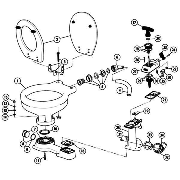 Jabsco manuelt toilet i brug på en båd med 470 mm bredde