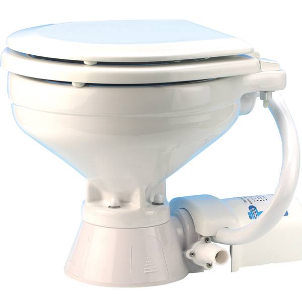 Jabsco el-toilet 12V Regular set forfra, klar til installation på båd.