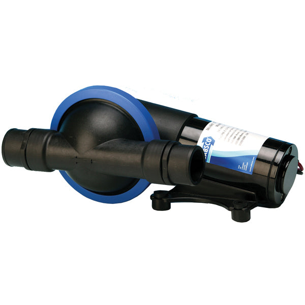 Jabsco 12v membranpumpe til affald, set forfra med mål 278×161×132 mm