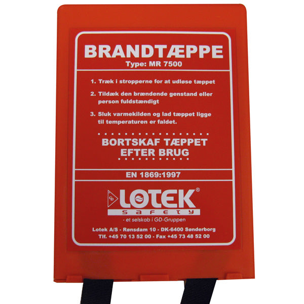 SeaTec brandtæppe i box, mål 1,20x1,8m, klar til brug om bord.