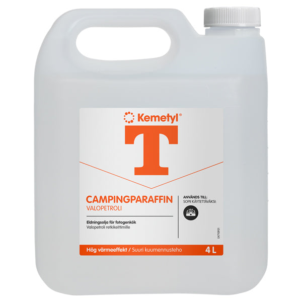 Kemetyl Campingparaffin brændsel i 4 liters beholder på hvid baggrund.