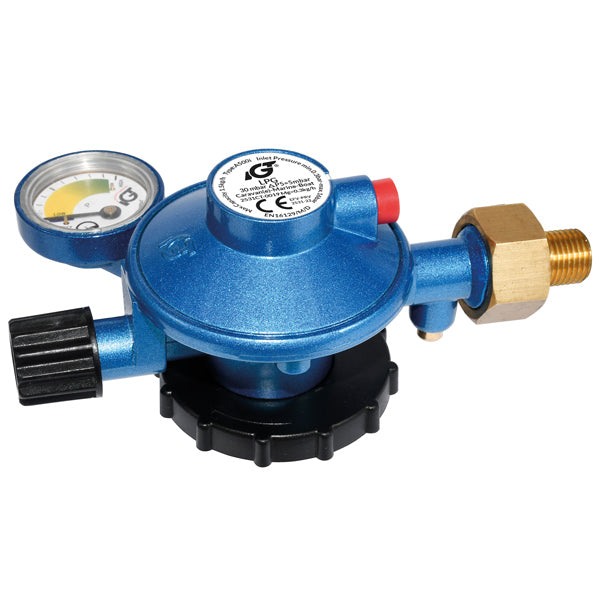 Gasregulator fra IGT til 2 kg gasflasker, set fra siden.