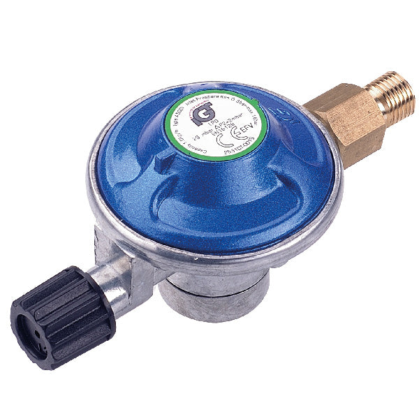 Gasregulator fra IGT til engangs gasdåser med gevind, set forfra.