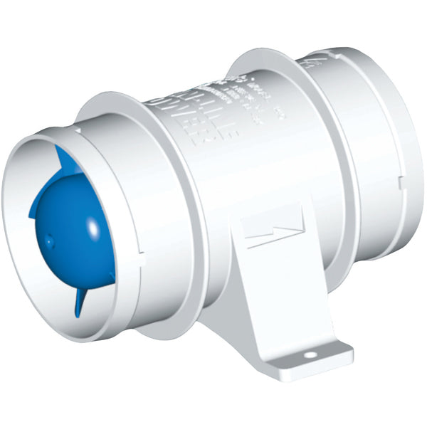 Rule motorrums ventilator inline 24v 100mm set fra siden, klar til montering.