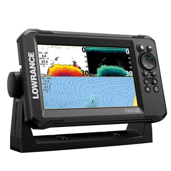 Lowrance Eagle 7 HDI i brug, der viser kortdata