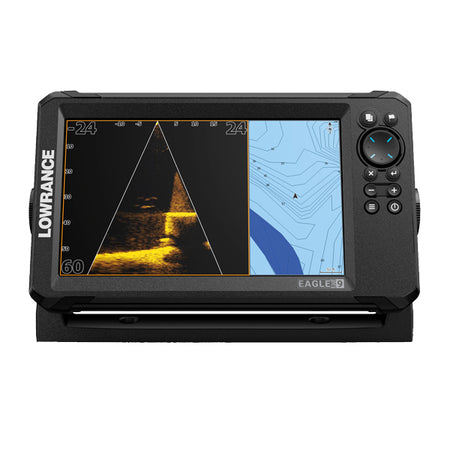 Bagvisning af Lowrance EYE-9 Live med kabelføring.