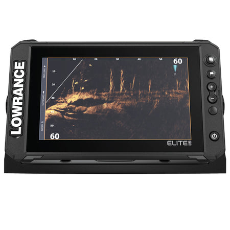 Lowrance Elite FS 7 kombiinstrument set fra fronten, klar til brug på båd.