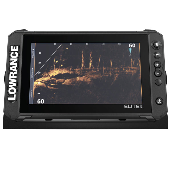 Lowrance Elite FS 7 kombiinstrument set fra fronten, klar til brug på båd.