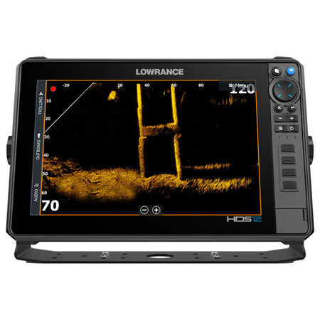 Sidevinkel af Lowrance HDS-12 PRO med kontroller synlige.