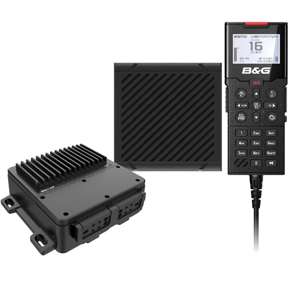 B&G V100 VHF radio med GPS-modtager set forfra, klar til brug på båden.