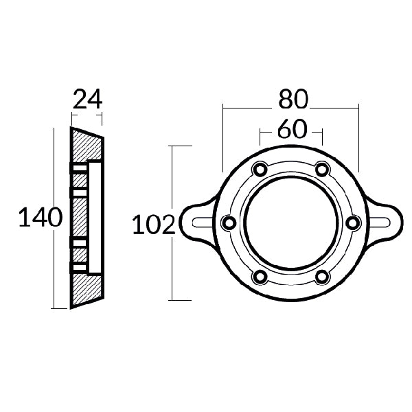 Frontal visning af Tecnoseal zinkanode i rustfrit stål-design