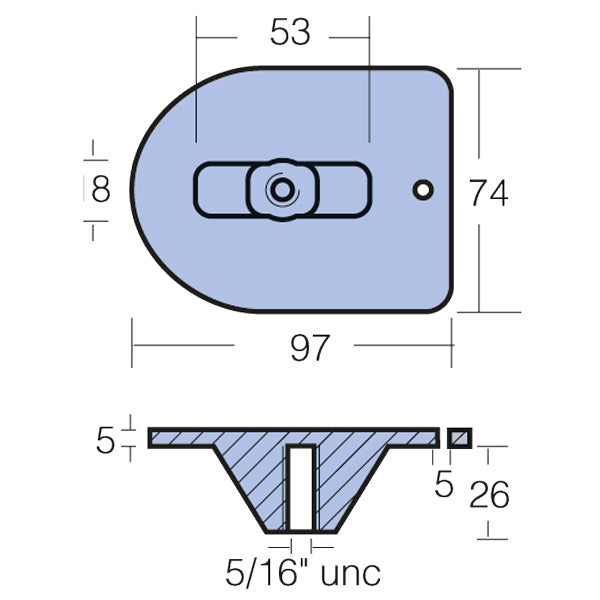 Tecnoseal zinkanode i nærbillede, viser detaljer og dimensioner.