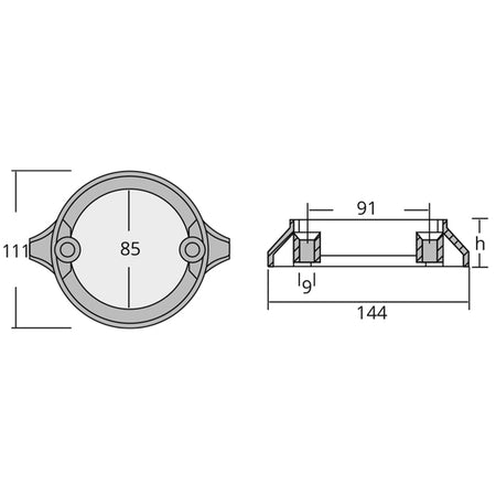1852 zinkring monteret på propeller, vises bagfra med mål 144×111×30 mm.