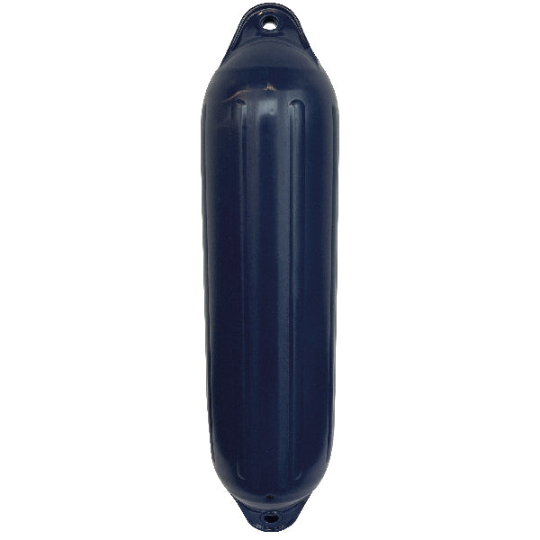 Fender i navy blå, Ø215xL700, vist på en båd i havn.