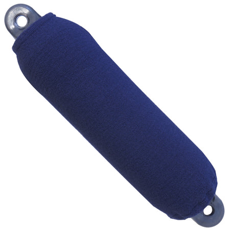 Fenderovertræk Fendequip i navy, monteret på båd i havn.