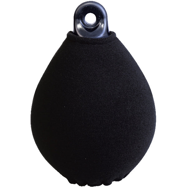 Fendequip fenderovertræk i sort, 28x21 cm, vist fra siden på en båd