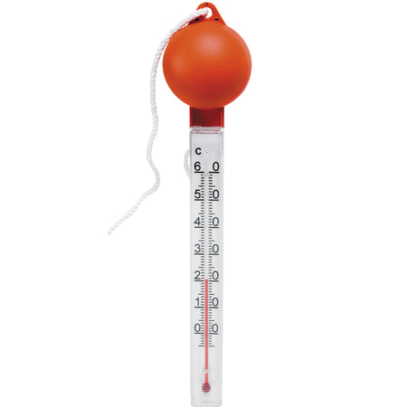 Badevandstermometer fra SeaTec med flydende orange bold, 30 cm langt.