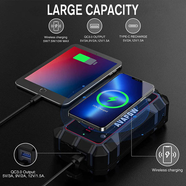 Avapow A9 Plus jump starter placeret på et bord