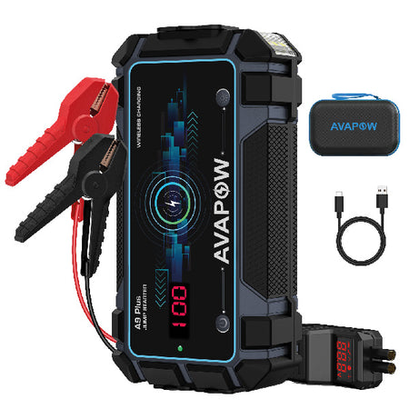 Avapow A9 Plus jump starter set forfra med tydelig laderindikator