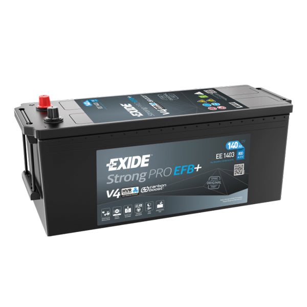 Exide batteri 140Ah set fra siden, med tydelig mærkning og mål.