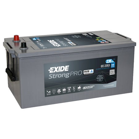 Exide 235Ah dual batteri set forfra med mål og specifikationer