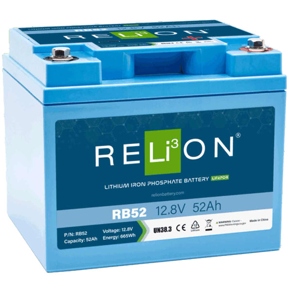 RELiON 12.8V 52Ah RB52 LiFePO4 batteri set forfra med tilslutninger