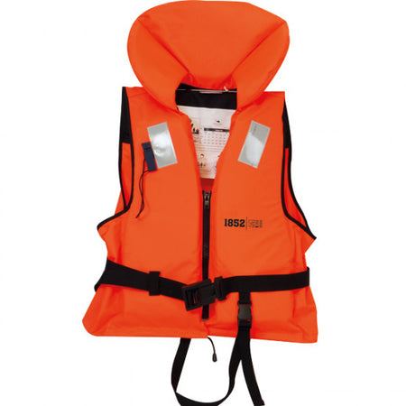 1852 redningsvest i orange til børn, velegnet til 30-40 kg, set forfra