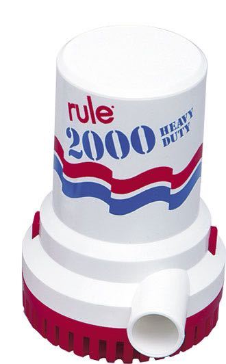 Rule 2000 gph 24v dykpumpe set forfra med tilslutninger.