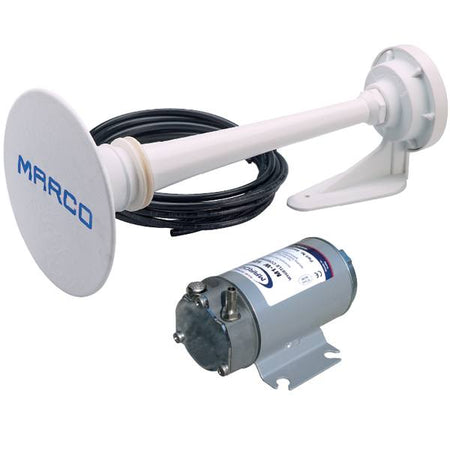 Marco 12V horn set fra siden, klar til montering på båd.