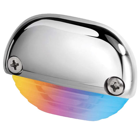 Hella Apelo RGB step lys i krom, monteret på en bådtrappe.