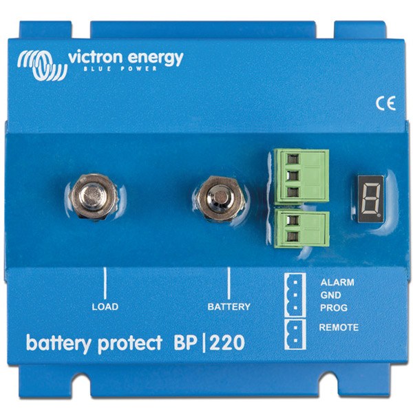 Victron Batteri Protect 65Amp set fra siden, monteret på båd