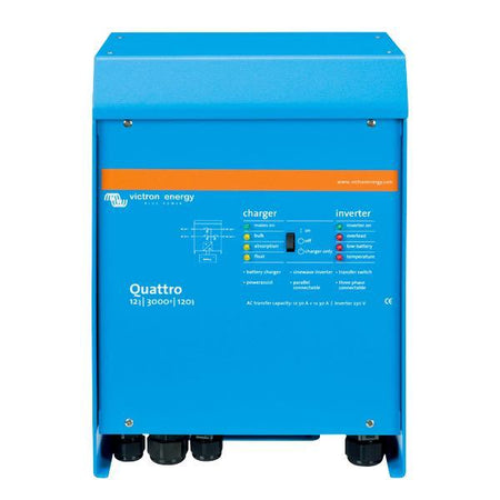 Victron inverter/lader quattro set fra siden med mål og specifikationer