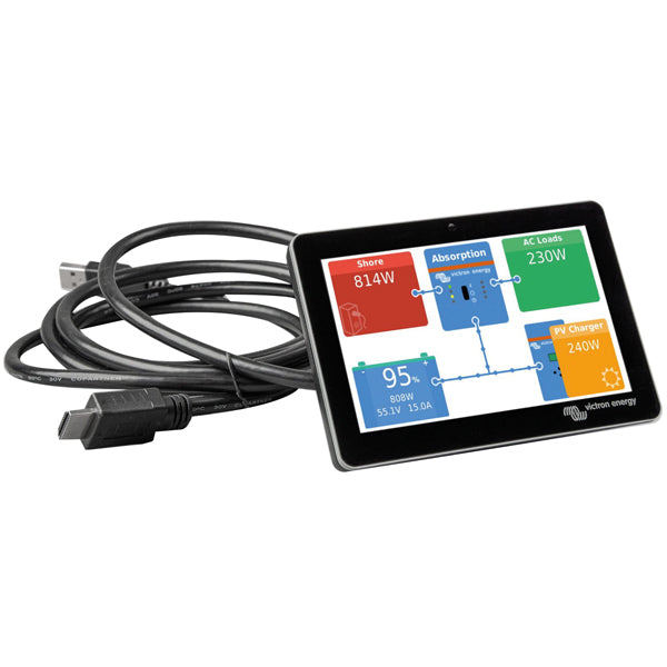 Sidevisning af Victron GX Touch 70 display med funktioner og knapper.