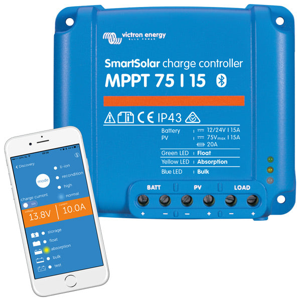Victron mppt smart 75/15 regulator set forfra med display og tilslutninger