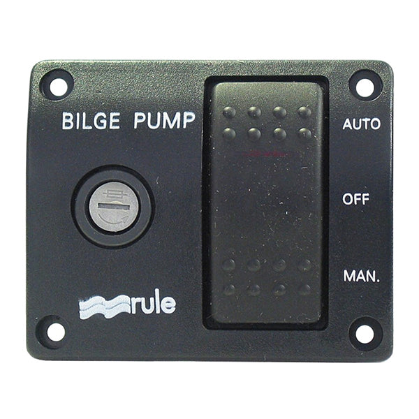 Rule pumpepanel 24v/32v med 3-vejs kontakt, set forfra på båd