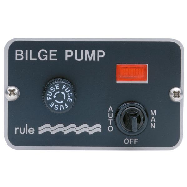 Rule pumpepanel 24v med kontakt og indikator set forfra på hvid baggrund
