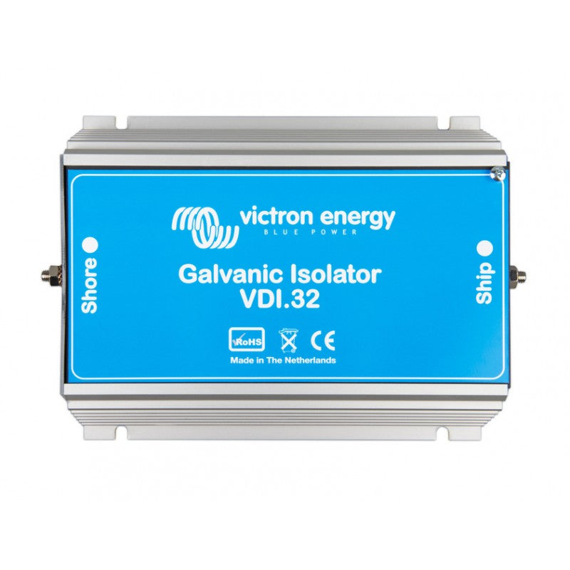 Victron galvanisk isolator set fra siden, med mål og tilslutninger synlige.