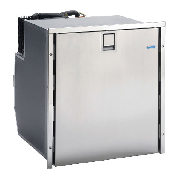 Isotherm køleskuffe 65L i rustfrit stål, set forfra med åbnet låg.