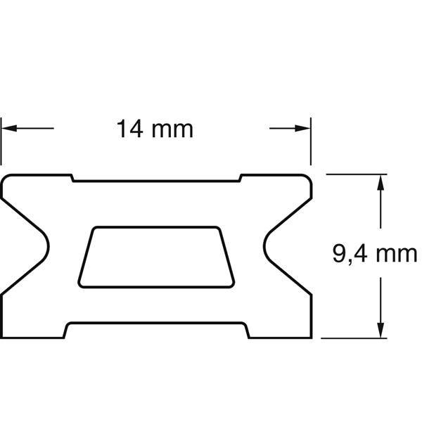 Ronstan skødeskinne 14mm set fra siden, viser detaljerne i designet.