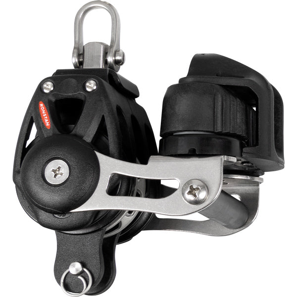 Ronstan Orbit Tri. blok med sv, frølår og hunds, set fra siden.