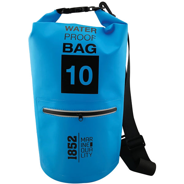 Vandtæt 10 liters taske fra 1852 i blå farve, set fra forsiden.