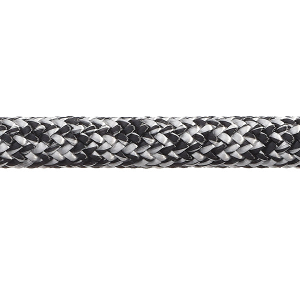Robline Admiral 7000 Dyneema fald i sort/hvid farve, 10 mm tyk, liggende på en båd