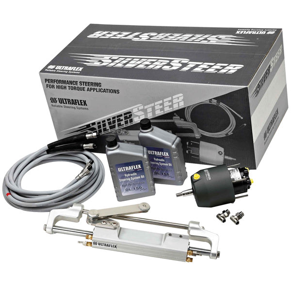 Ultraflex hydraulisk styringspakke set fra siden, klar til installation