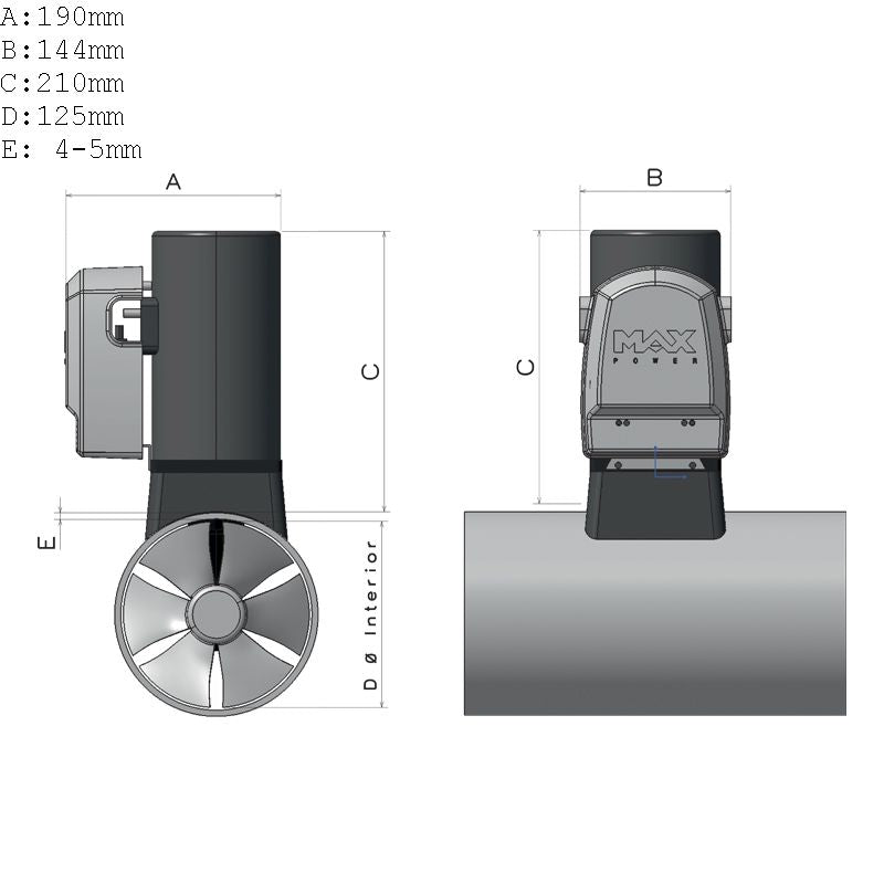 Max Power bovpropel CT35 i brug, vist fra siden.